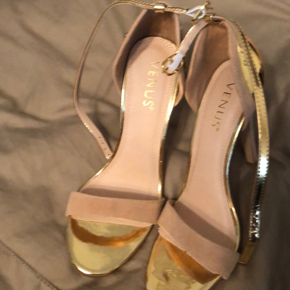 Khaki and gold heels